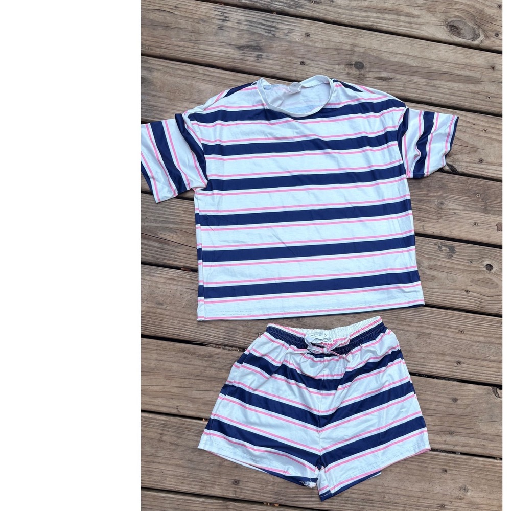 Girls Navy Pink Striped 2 Piece T-Shirt and Shorts Loungewear Set Size 10Y
